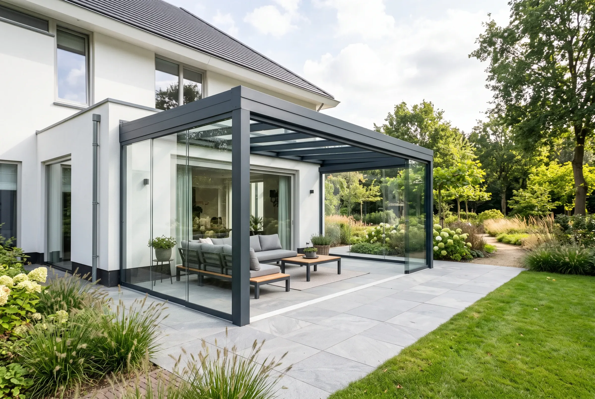Lichte, moderne aluminium veranda met glazenschuifwanden overdag